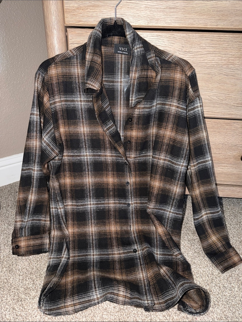 Vici Plaid Button-Down Shirt dress in Black and Brown